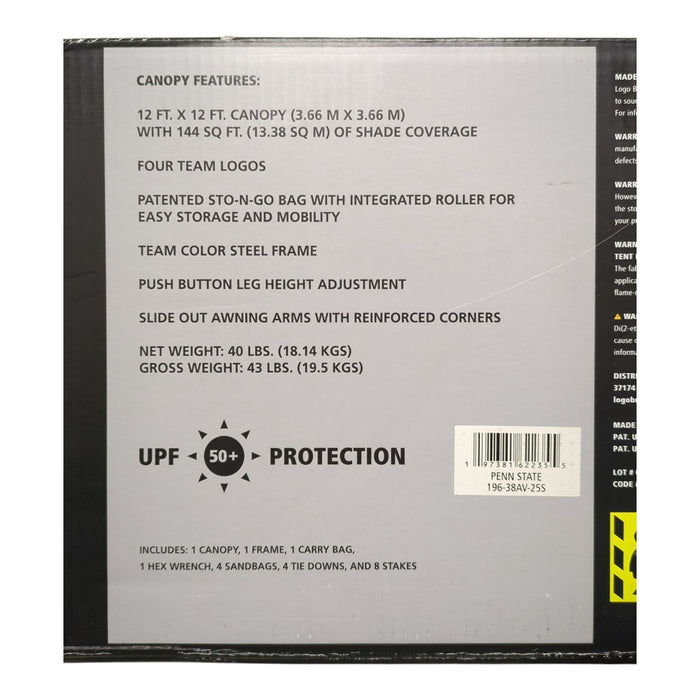 Logo Brands NCAA Portable Vented  Canopy, 12ft x 12ft, Penn State