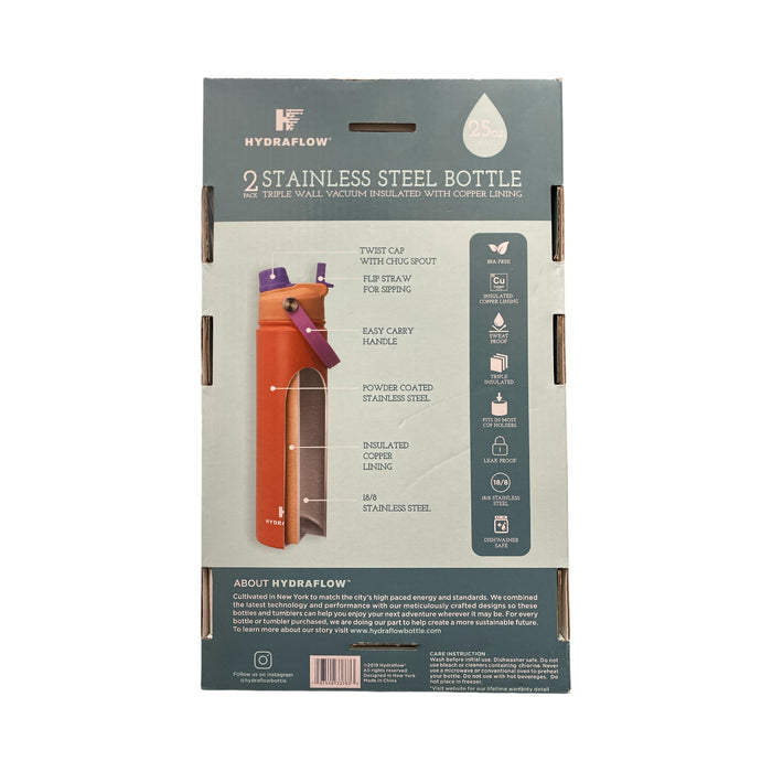 Hydraflow Double Wall Stainless Steel Water Bottle with Dual Lid, 25oz, 2pk