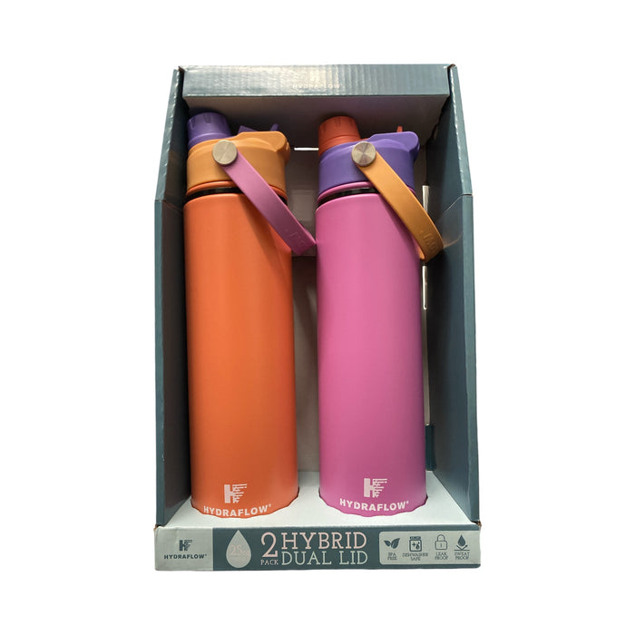 Hydraflow Double Wall Stainless Steel Water Bottle with Dual Lid, 25oz, 2pk