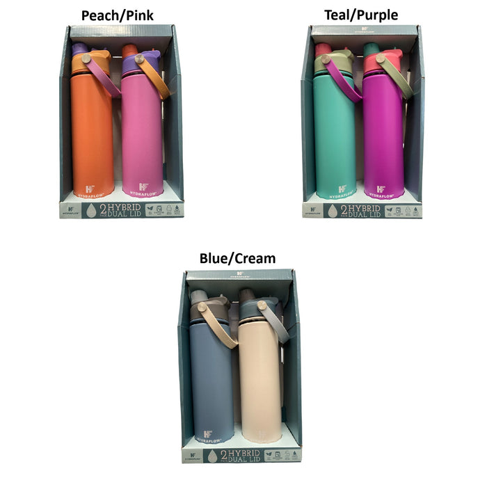 Hydraflow Double Wall Stainless Steel Water Bottle with Dual Lid, 25oz, 2pk