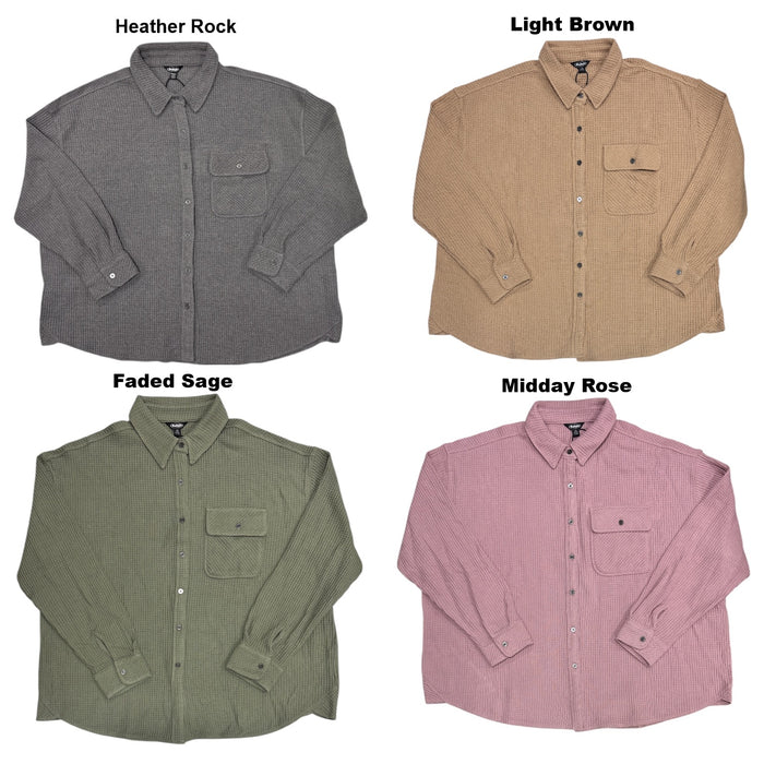 Buffalo Women's Long Sleeve Collared Button Up Waffle Knit Relaxed Top