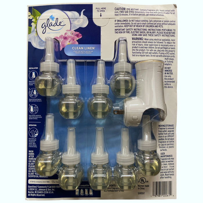 Glade Plugins Scented Oil Clean Linen, 9 Refills & 1 Warmer