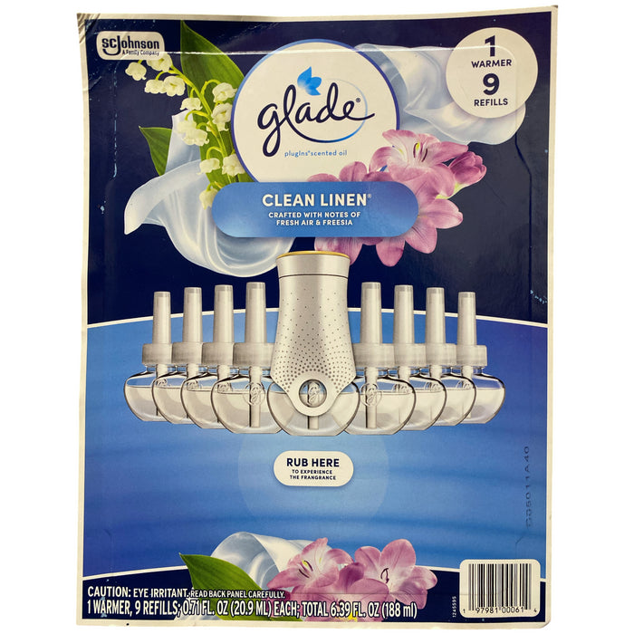 Glade Plugins Scented Oil Clean Linen, 9 Refills & 1 Warmer