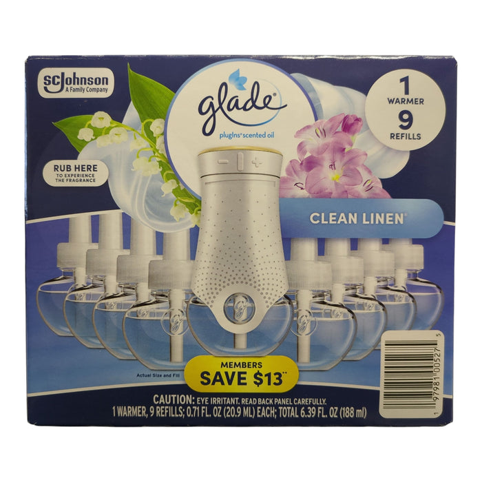 Glade Plugins Scented Oil, 9 Refills & 1 Warmer, Clean Linen