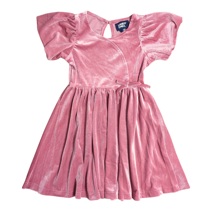 Lands' End Girl's Bubble Sleeve, V-Neck Super Soft Velour Dress