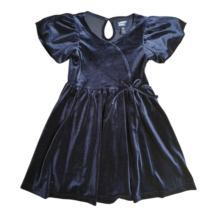 Lands' End Girl's Bubble Sleeve, V-Neck Super Soft Velour Dress