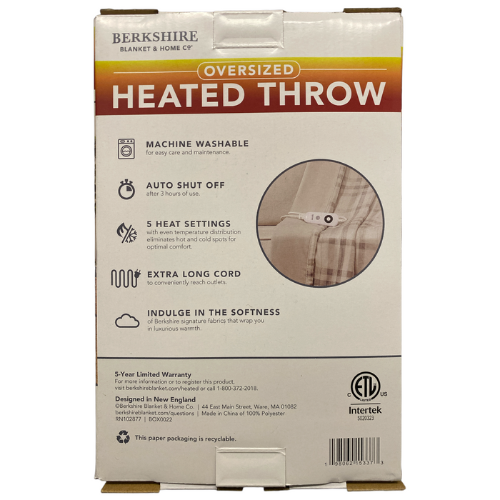 Berkshire Oversized Heated Throw with Auto Shut Off, 60"x70", Plaid Neutral