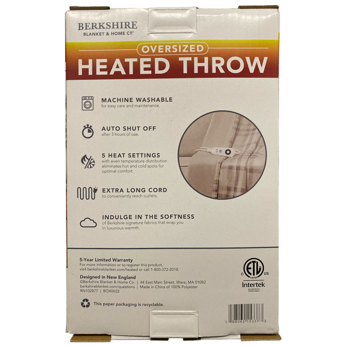 Berkshire Oversized Heated Throw with Auto Shut Off, 60"x70", Plaid Neutral