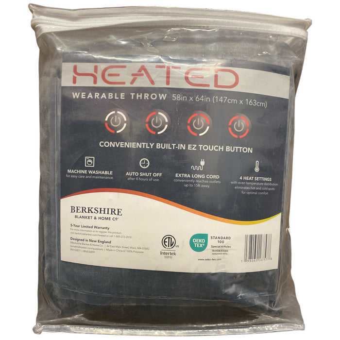 Berkshire Heated Velvety Plush Wearable Throw with Extra Long Cord, 58"x64"