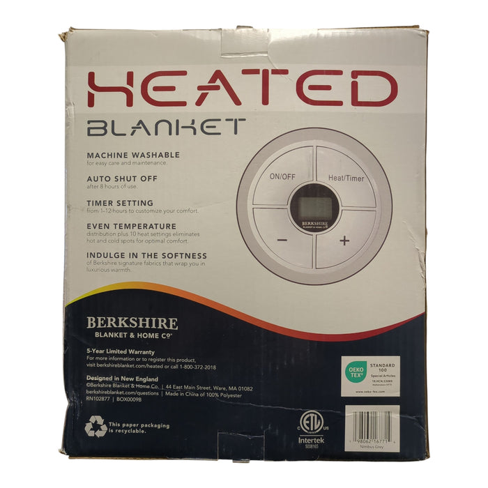 Berkshire Heated Blanket with 10 Settings & 2 Controllers, Grey, Full/Queen