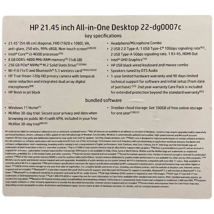 HP All-In-One Desktop 21.45" Intel Core i3-N300, 8GB DDR5, 256GB SSD, Intel UHD
