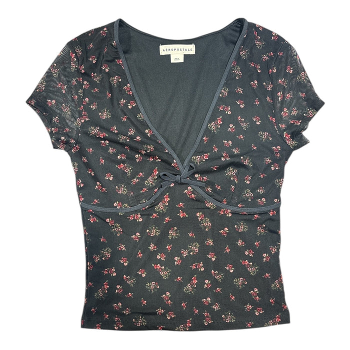 Aeropostale Women's Mesh Short Sleeve V-Neck Floral Crop Top