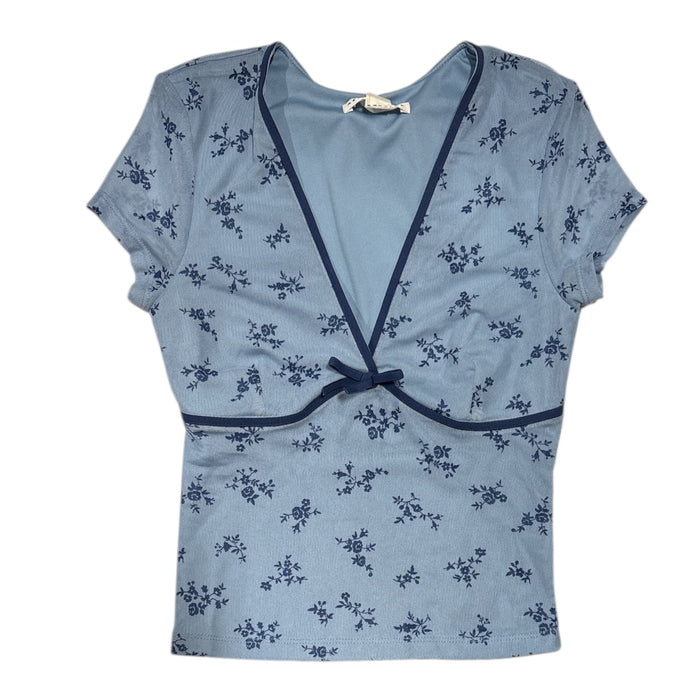 Aeropostale Women's Mesh Short Sleeve V-Neck Floral Crop Top