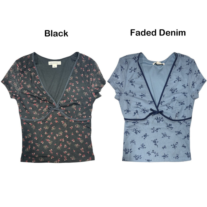 Aeropostale Women's Mesh Short Sleeve V-Neck Floral Crop Top