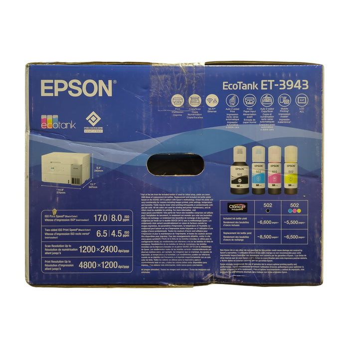 Epson EcoTank ET-3943 Wireless All-in-One Supertank Color Printer, White