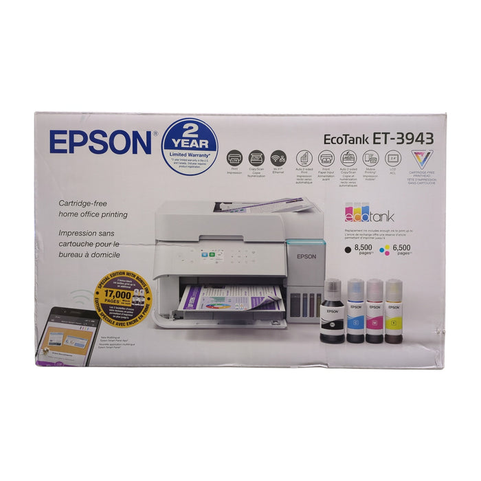 Epson EcoTank ET-3943 Wireless All-in-One Supertank Color Printer, White