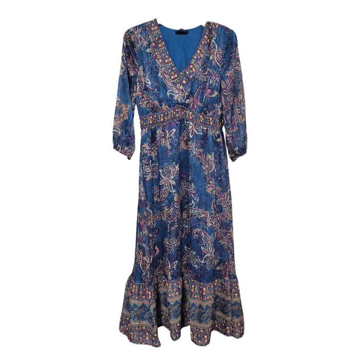 Frye Women's Elastic Waistband 3/4 Sleeves V-Neck Maxi Dress