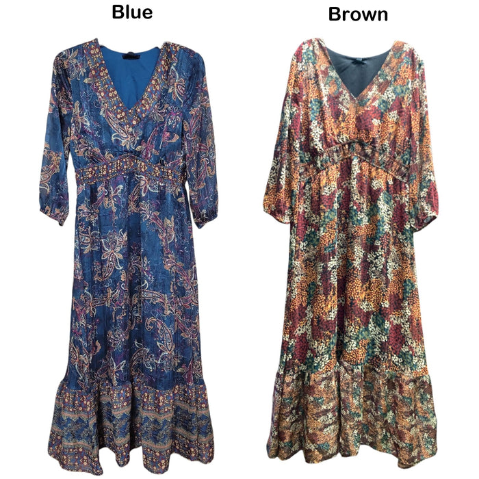 Frye Women's Elastic Waistband 3/4 Sleeves V-Neck Maxi Dress