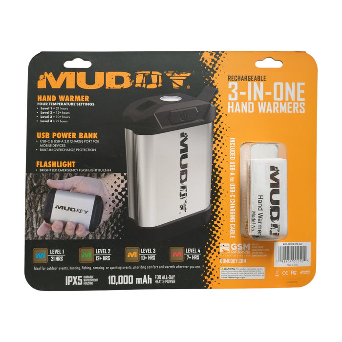 Muddy 3-In-1 Rechargeable Hand Warmer/Power Bank/Flashlight, Silver, 2pk