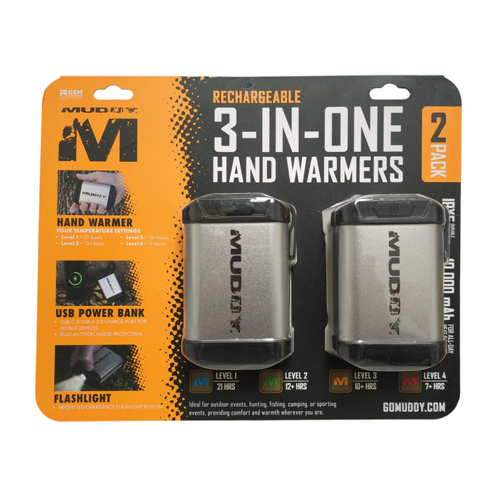 Muddy 3-In-1 Rechargeable Hand Warmer/Power Bank/Flashlight, Silver, 2pk