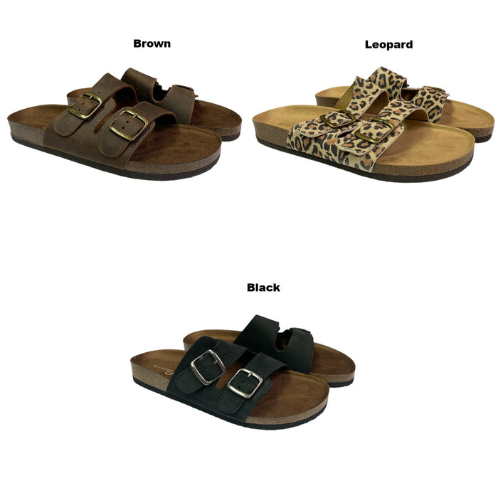Mountain Sole Women's Easy Slide-On Double Buckle Leather Sandal