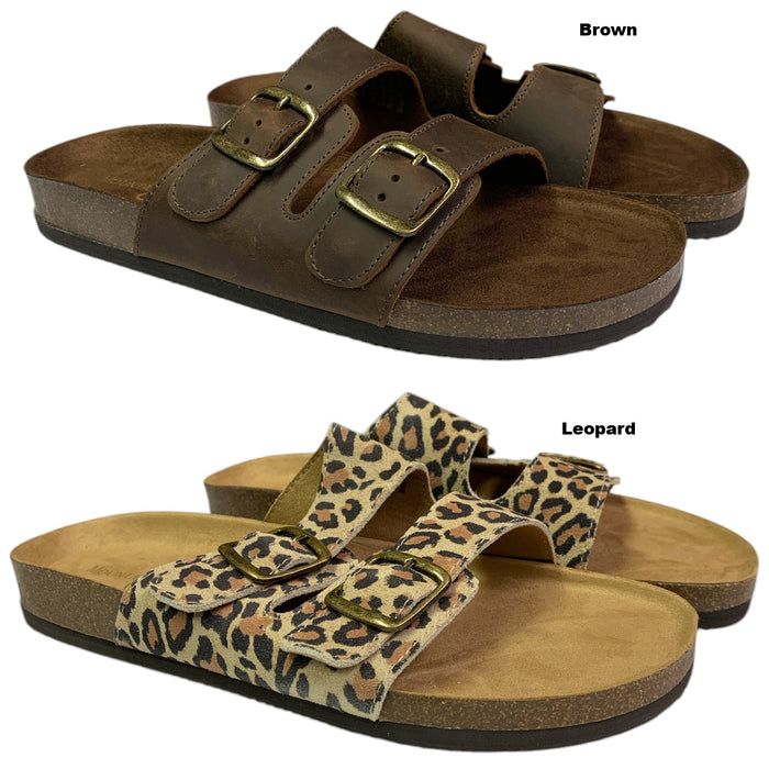 Mountain Sole Women's Easy Slide-On Double Buckle Leather Sandal