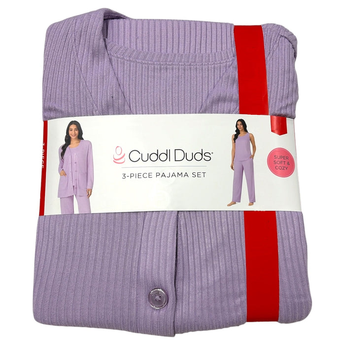 Cuddl Duds 3-Piece Relaxed Fit Soft Knit Ribbed Scoop Neck Pajama Set