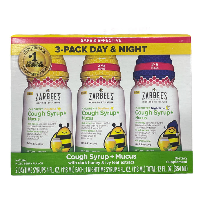 Zarbee's Kids Cough + Mucus Syrup Day/Night, 2-6 Years, Mixed Berry, 3x4Fl Oz