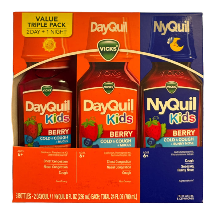Vicks DayQuil/NyQuil Kids Cough & Cold & Mucus Cough Syrup, 8oz, Value 3 Pack