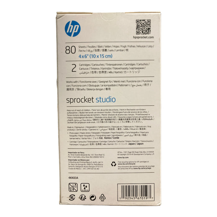 HP Sprocket Studio 80 Sheets 4x6 Photo Paper & 2 Cartridges