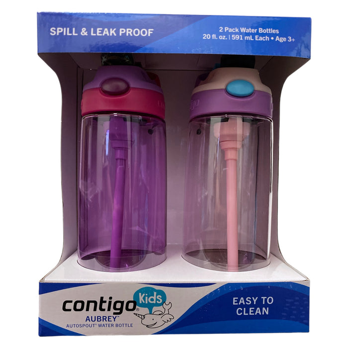 Contigo Kids Aubrey Leak Proof Autospout Water Bottle, 20oz, Pink/Purple, 2Pk