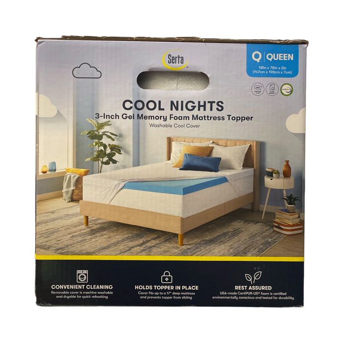 Serta 3" Cool Nights Gel Memory Foam Mattress Topper with Washable Cover, Queen