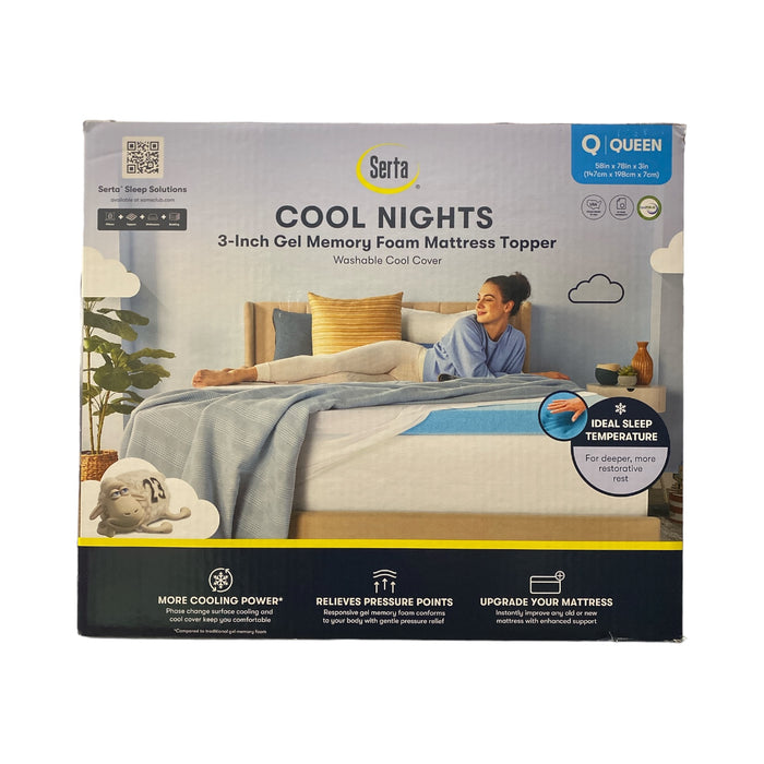 Serta 3" Cool Nights Gel Memory Foam Mattress Topper with Washable Cover, Queen