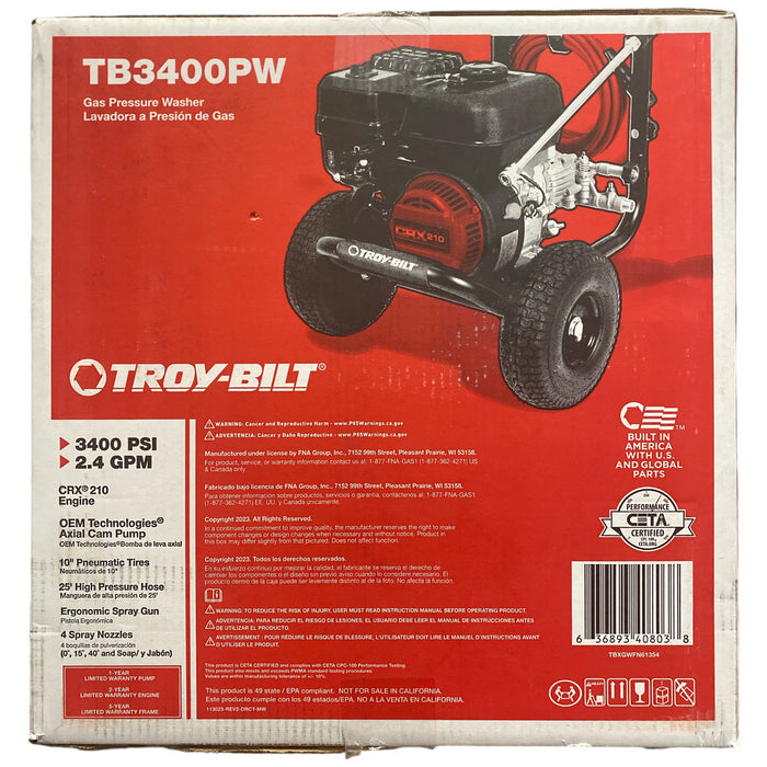 Troy-Bilt 3400 PSI 2.4 GPM Gas Pressure Washer, TB3400PW