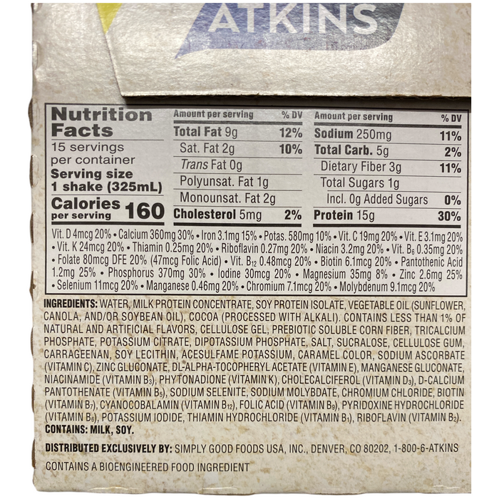 Atkins 15g High Quality Protein Keto Shake, Milk Chocolate 11 floz, 15pk