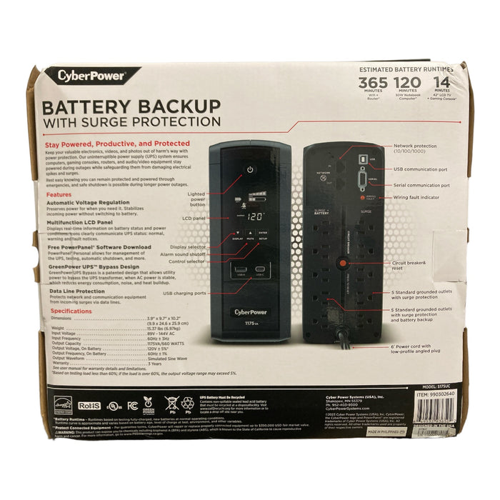 CyberPower 1175VA Battery Backup with Surge Protection, S175UC