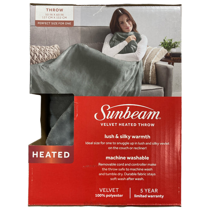 Sunbeam Velvet Lush and Silky Heated Throw Blanket Size: 50" x 60", Grey