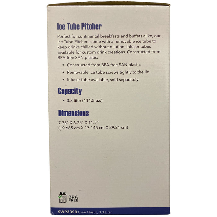 Service Ideas Acrylic Pitcher with Ice Tube, Smooth Body, 3.3L