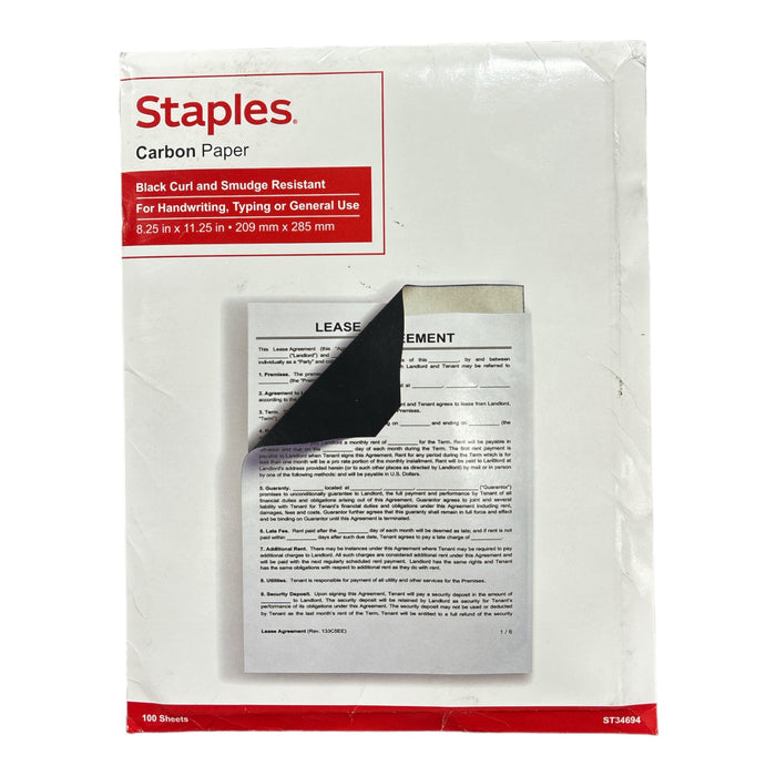 Staples Black Curl & Smudge Resistant Carbon Paper, 8.25" x 11.25", 100 Sheets