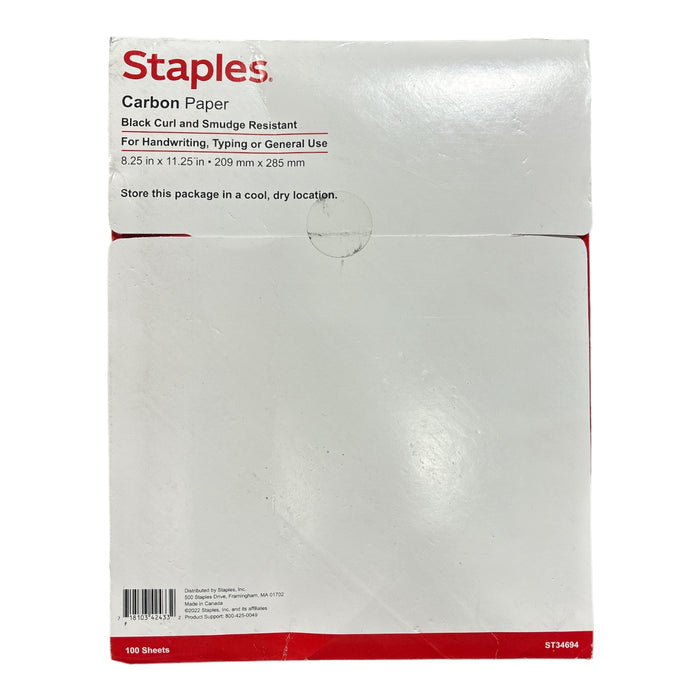 Staples Black Curl & Smudge Resistant Carbon Paper, 8.25" x 11.25", 100 Sheets