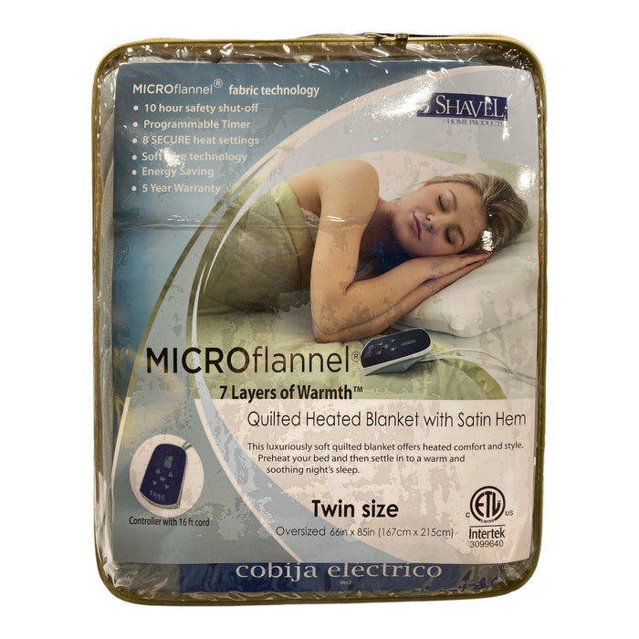 Shavel Home Products Micro Flannel Quilted Heated Blanket with Satin Hem, Twin