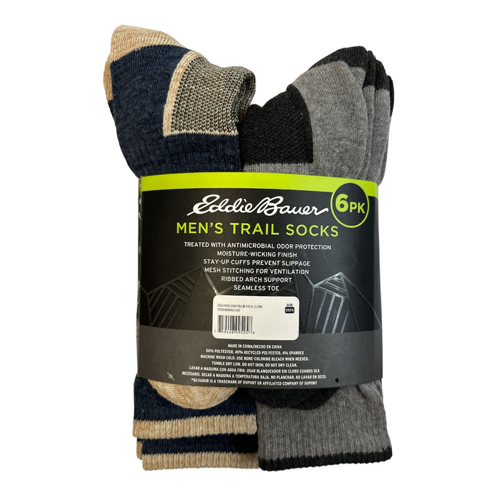 Eddie Bauer Men's 6-Pack Seamless Toe Moisture Wicking Trail Socks