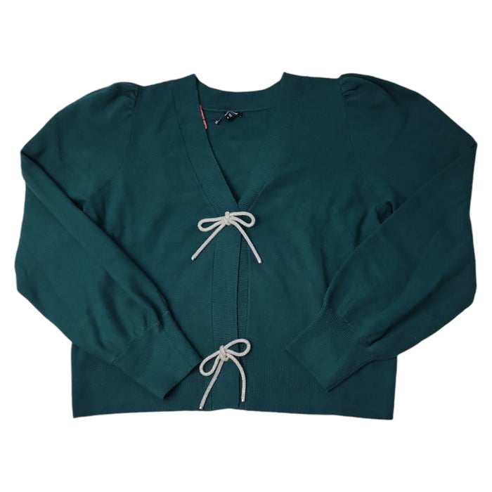 Express Women's V Neck Cropped Bow Button Cozy Knit Cardigan