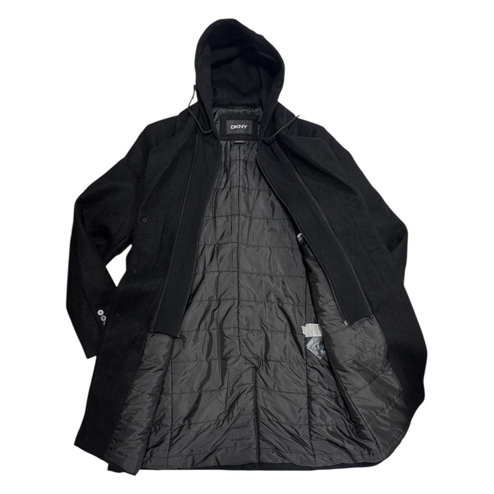 DKNY Men's Warm Single Breasted Faux Wool Coat w/ Removable Hood