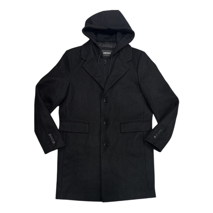 DKNY Men's Warm Single Breasted Faux Wool Coat w/ Removable Hood