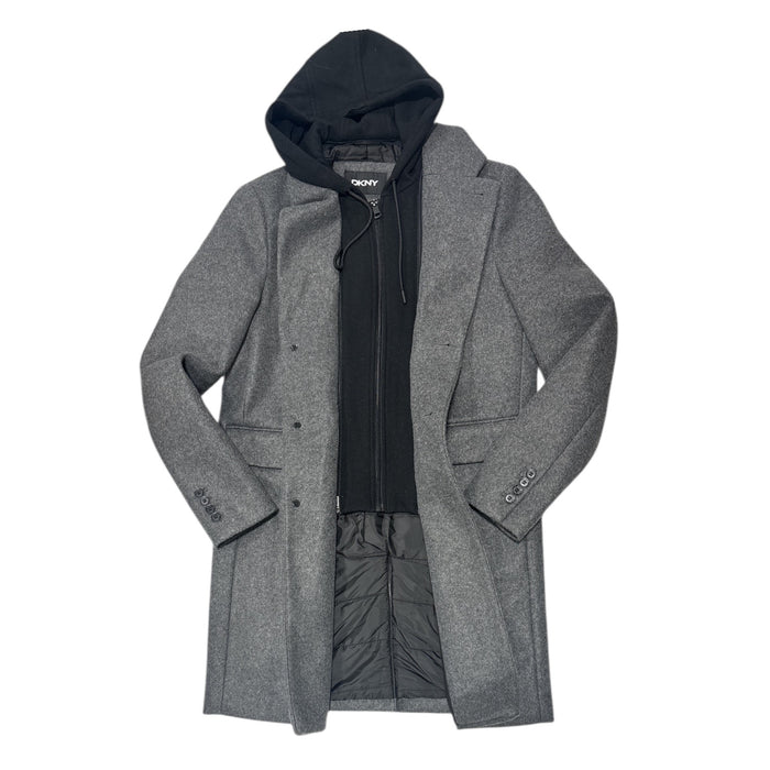 DKNY Men's Warm Single Breasted Faux Wool Coat w/ Removable Hood