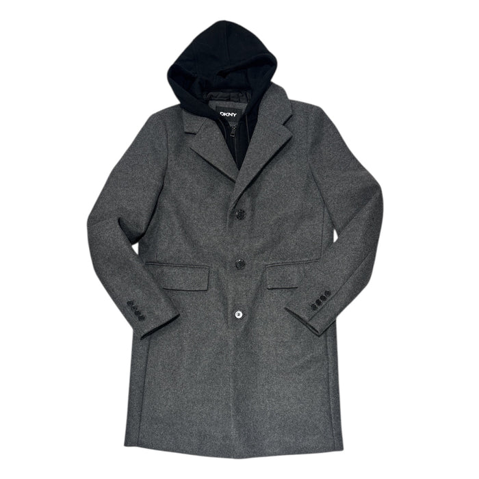 DKNY Men's Warm Single Breasted Faux Wool Coat w/ Removable Hood