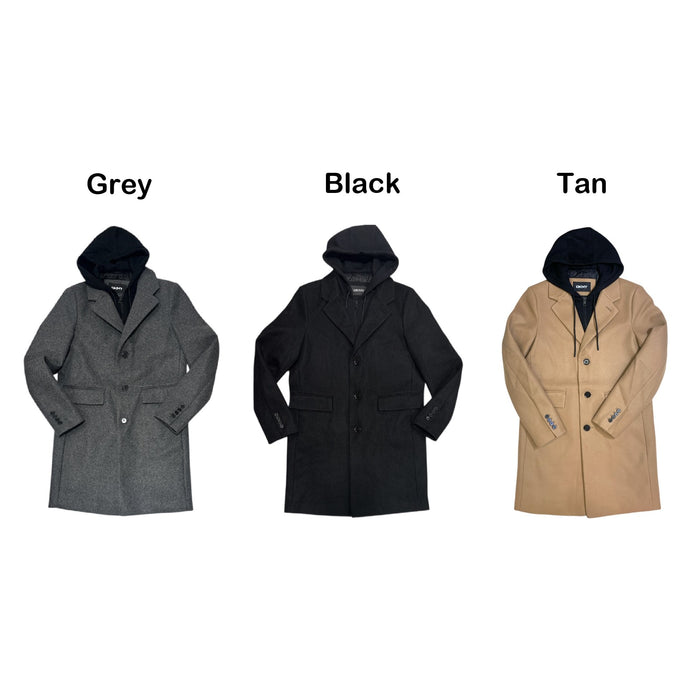 DKNY Men's Warm Single Breasted Faux Wool Coat w/ Removable Hood