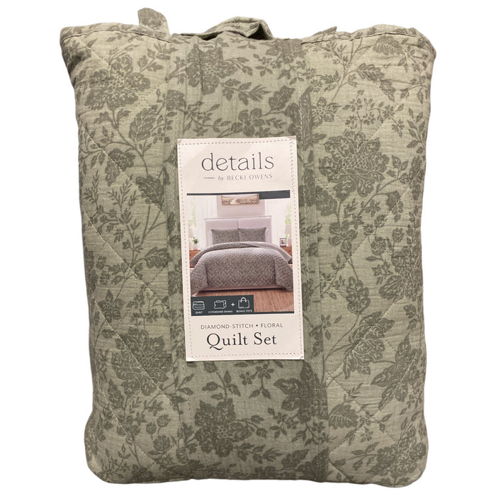 details by Becki Owens 3 Piece Diamond Stitch Floral Quilt Set w/ Tote