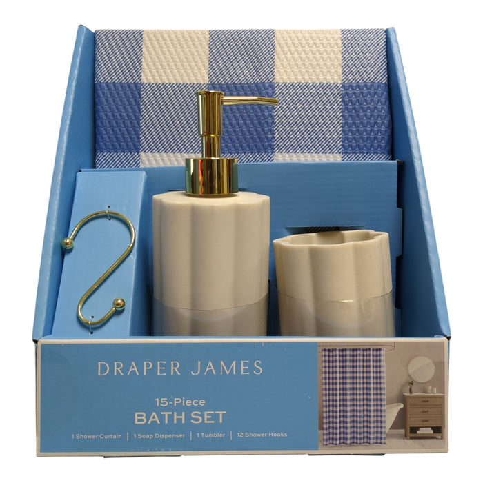 Draper James 15-Piece Bath Set, Shower Curtain, Soap Dispenser, Tumbler, Hooks